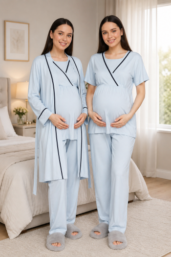 Mavi Biye Geçişli Sabahlıklı Kruvaze Lohusa Pijama Takımı